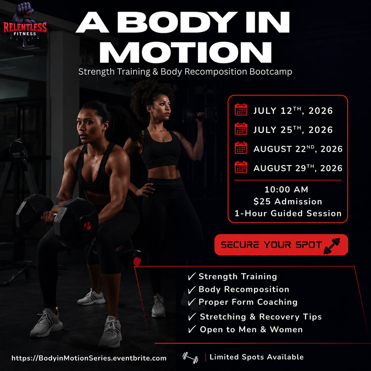 A Body in Motion strength training and body recomposition bootcamp flyer